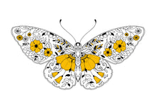 Load image into Gallery viewer, A black and white line drawing of a butterfly with floral patterns and gold accents, designed by Johanna Basford.