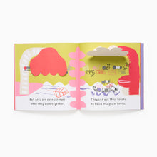 Load image into Gallery viewer, Illustrated lift-the-flap book page with colourful ants and a bridge on a white background