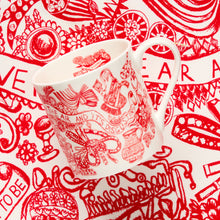 Load image into Gallery viewer, White mug with red illustrations on a red and white patterned background