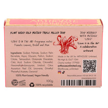 Load image into Gallery viewer, Close up detail of the back of the gift box packaging with ingredient details and the fragrance notes of the "Love is in the Air" soap by Arthouse Unlimited.