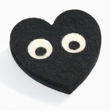 Load image into Gallery viewer, Black felt heart brooch with playful eyes by Scottish designer Lynsey Walters