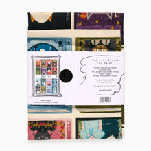 Load image into Gallery viewer, Book Cats tea towel packaging showing literary cat illustrations by Niaski