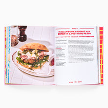 Load image into Gallery viewer, Interior spread of Burger Night cookbook showing gourmet burger recipe with photography and step-by-step instructions.