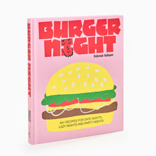Load image into Gallery viewer, Burger Night by Deborah Kaloper burger cookbook with illustrated burger cover, featuring over 50 gourmet burger recipes.