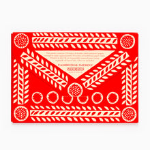 Load image into Gallery viewer, Cambridge Imprint patterned paper envelope set in a bright red box with white printed decorative borders and text, photographed on a clean white background.