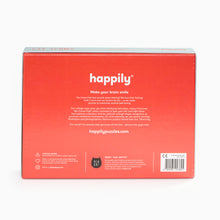 Load image into Gallery viewer, Back of the ' Cat Icons' jigsaw box. Red box with 'happily' branding and text on a white background