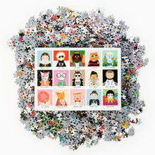 Load image into Gallery viewer, Cat icons jigsaw puzzle image of the front of the box showing 15 colourful cat illustrations
