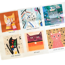 Load image into Gallery viewer, Set of six colorful cat illustrations on a tea towel with artist names on a white background