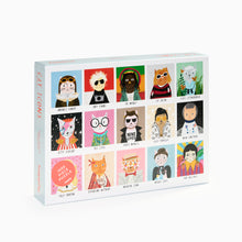 Load image into Gallery viewer, Box front of a 1000-piece puzzle with 15 colourful illustrated 'cat icon' designs on a white background