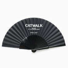 Load image into Gallery viewer, Catwalk exhibition hand fan with black design and exhibition branding