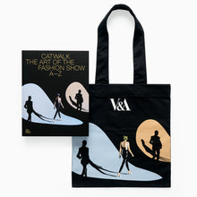Load image into Gallery viewer, Catwalk tote bag showing fashion show silhouette design on black cotton bag with museum exhibition catalogue