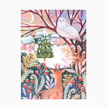 Load image into Gallery viewer, Illustration of a snowy owl and deer in a forest with trees and houses in the background.