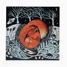 Load image into Gallery viewer, Illustration of a squirrel in a nighttime forest scene with trees and stars.