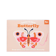 Load image into Gallery viewer, Butterfly-themed craft kit with 'Learn to Sew' text and Rex London branding on a light pink background.