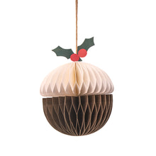 Load image into Gallery viewer, Christmas pudding honeycomb bauble hanging as a festive Christmas tree decoration