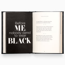 Load image into Gallery viewer, Open pages of Coco Chanel quote book showing bold black quote spread