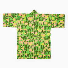 Load image into Gallery viewer, colourful patterned kimono-style robe in green, yellow and pink abstract pattern.