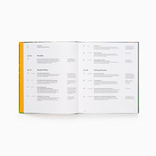 Load image into Gallery viewer, Open book showing contents page for Garden Futures: Designing with Nature museum exhibition book on a white background