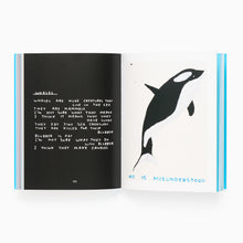 Load image into Gallery viewer, Open book with text and a silhouette of a whale on a white background