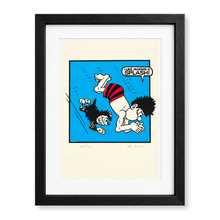 Load image into Gallery viewer, Dennisthe Menace and Gnasher the dog diving Beano screen print by John Reynolds in blue red and black