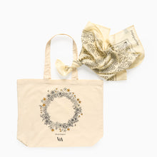 Load image into Gallery viewer, Exclusive Johanna Basford wildflower tote bag in organic cotton with floral wreath illustration and scarf