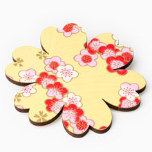 Load image into Gallery viewer, Handmade flower brooch with pink, white and red floral pattern on yellow Japanese washi paper