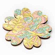 Load image into Gallery viewer, Handmade flower brooch with pastel coloured jungle-inspired pattern in Japanese washi paper