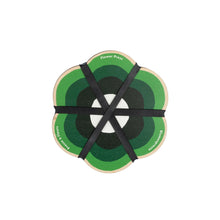 Load image into Gallery viewer, Round wooden flower press with green and black design on a white background