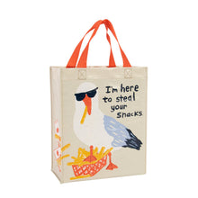 Load image into Gallery viewer, Small reusable tote bag ideal for lunch by Blue Q with illustration of a seagull and the quote "i'm here to steal your snacks"