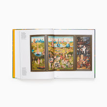 Load image into Gallery viewer, Open book displaying the Garden Futures interior pages showing a colourful triptych illustration on a white background.