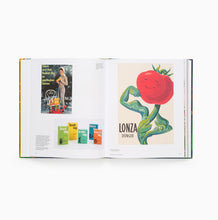 Load image into Gallery viewer, Open pages from Garden Futures: Designing with Nature displaying a page with a colourful advertisement featuring a red tomato and green plant-like figure, with 'LONZA' branding.