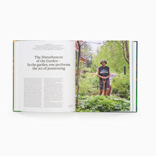 Load image into Gallery viewer, Open pages of Garden Futures catalogue showing a person in a garden with text on a white background
