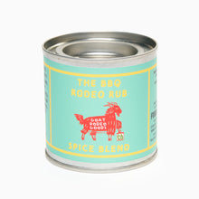 Load image into Gallery viewer, A tin container labeled 'The BBQ Rodeo Rub Spice Blend' by Goat Rodeo Goods, with a graphic of a goat on the label.