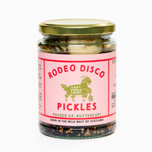 Load image into Gallery viewer, A jar of Rodeo Disco pickles with a label showing the product name and the brand Goat Rodeo Goods. The background is white.