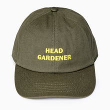 Load image into Gallery viewer, head gardener cap olive green and yellow text gardening cap