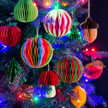 Load image into Gallery viewer, Colourful honeycomb christmas tree decorations hanging on a tree