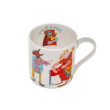 Load image into Gallery viewer, Hugging Animals bone china mug by Arthouse Unlimited featuring colourful illustrated animals in party outfits wrapping around the mug.