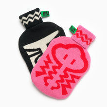 Load image into Gallery viewer, hot water bottle and covers pink and red and black and white