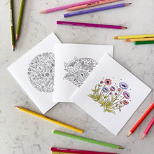 Load image into Gallery viewer, Johanna Basford adult colouring book notecard set with floral designs on a marble surface with coloured pencils.