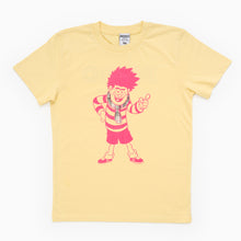 Load image into Gallery viewer, A pale yellow cotton t-shirt featuring the iconic Beano character Dennis with a multicolored pattern.