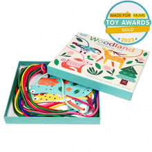 Load image into Gallery viewer, Woodland themed stringing set with colorful strings and packaging, featuring a 'Made for Mums Toy Awards Gold 2023' badge.
