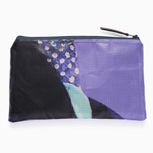 Load image into Gallery viewer, Upcycled A5 zip pouch made from recycled Kimono exhibition banner in purple and blue graphic design.