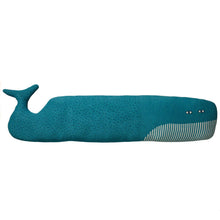 Load image into Gallery viewer, Blue knitted whale bolster cushion by Donna Wilson on a white background