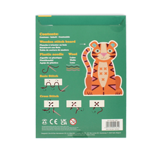 Load image into Gallery viewer, Back of Learn to Sew Wooden Tiger Kit packaging showing product information