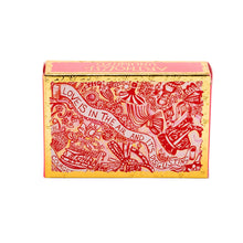 Load image into Gallery viewer, close up detail of the red and gold Arthouse Limited soap gift box packaging that reads 'Love is in the air and it's disgusting'.