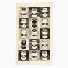 Load image into Gallery viewer, A black and white tea towel with a pattern of illustrated jars of marmalade, designed by Louise Kirby.