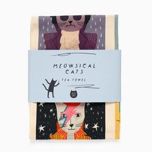 Load image into Gallery viewer, Folded Meowsical Cats tea towel by Niaski with illustrated cat musician design