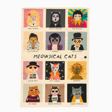 Load image into Gallery viewer, Meowsical Cats cotton tea towel by Niaski featuring music legends reimagined as cats