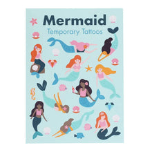 Load image into Gallery viewer, Packet of colourful mermaid temporary tattoos for children with mermaids and sea creature designs.