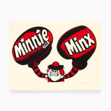 Load image into Gallery viewer, Minnie the Minx wearing boxing gloves Beano screen print by John Reynolds in red and black